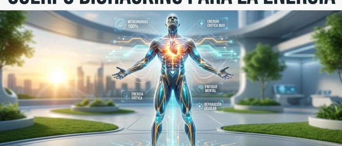 Ilustración conceptual de una figura humana atlética y brillante, optimizada con redes de energía y circuitos, representando el biohacking y el éxito.